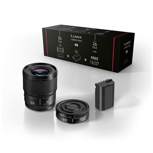 Kit de Objetivo Fijo de Panasonic: Lente Gran Angular 26mm + Lente Retrato 50mm f/1.8m con Batería DMW-BLK22EB para Lumix S5 y S9