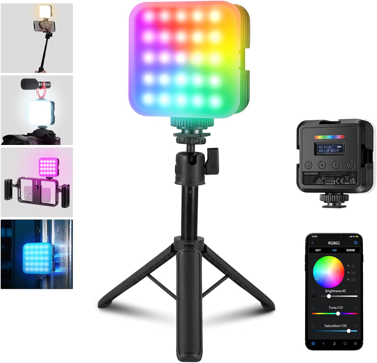 Neewer Magnetic RGB Video Light with Desk Tripod and Cold Shoes, App Control Improved, CRI97+ 2500-8500K 2000mAh Rechargeable, Small LED Panel Light, RGB62