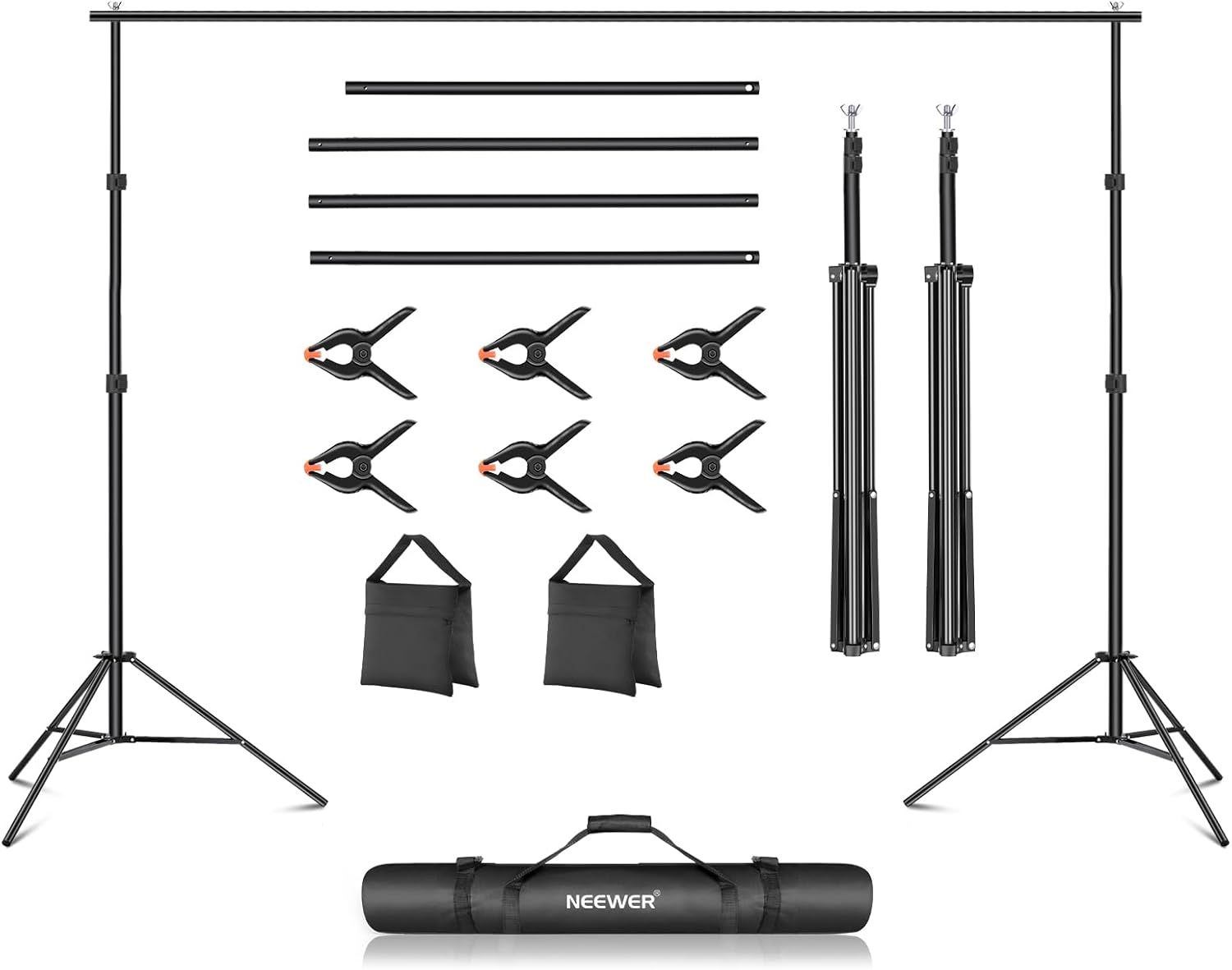 Soporte de fondo Neewer, 3m de ancho, 2m de alto con 4 barras transversales, 6 pinzas, 2 bolsas de arena y bolsa de transporte para fotografía de estudio
