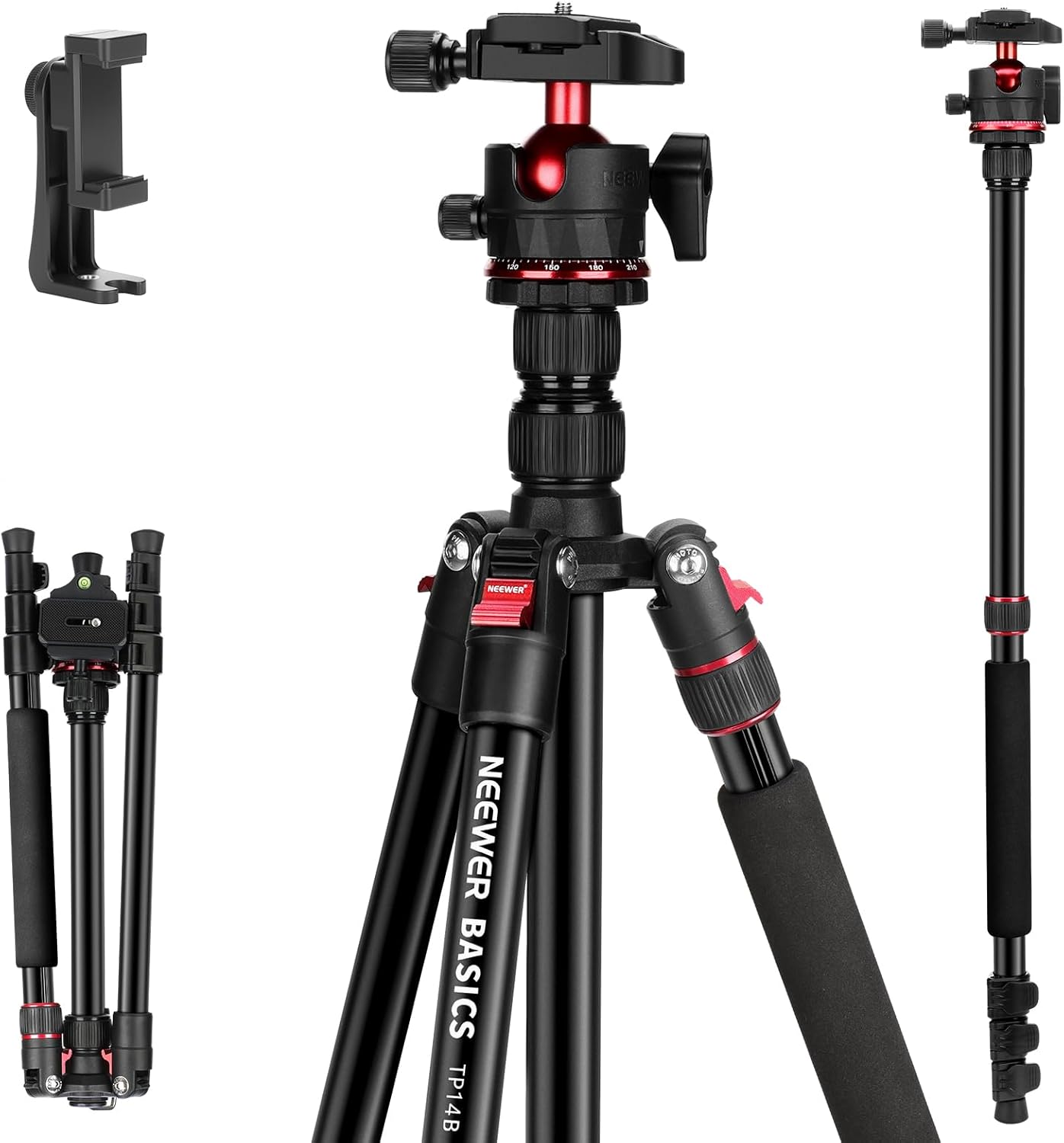 Trípode y monopié de viaje Neewer, soporte compacto y ligero para teléfono y cámara DSLR (72'), cabezal giratorio Arca, compatible con video iPhone, carga máxima 6 kg, TP14B