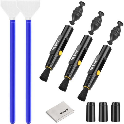 Kit de nettoyage de lentille Neewer 6 en 1 pour appareils photo, téléphones, tablettes - 3 brosses à double tête + 2 lingettes pour capteur plein format (24 mm) + 1 chiffon de nettoyage, HM-48