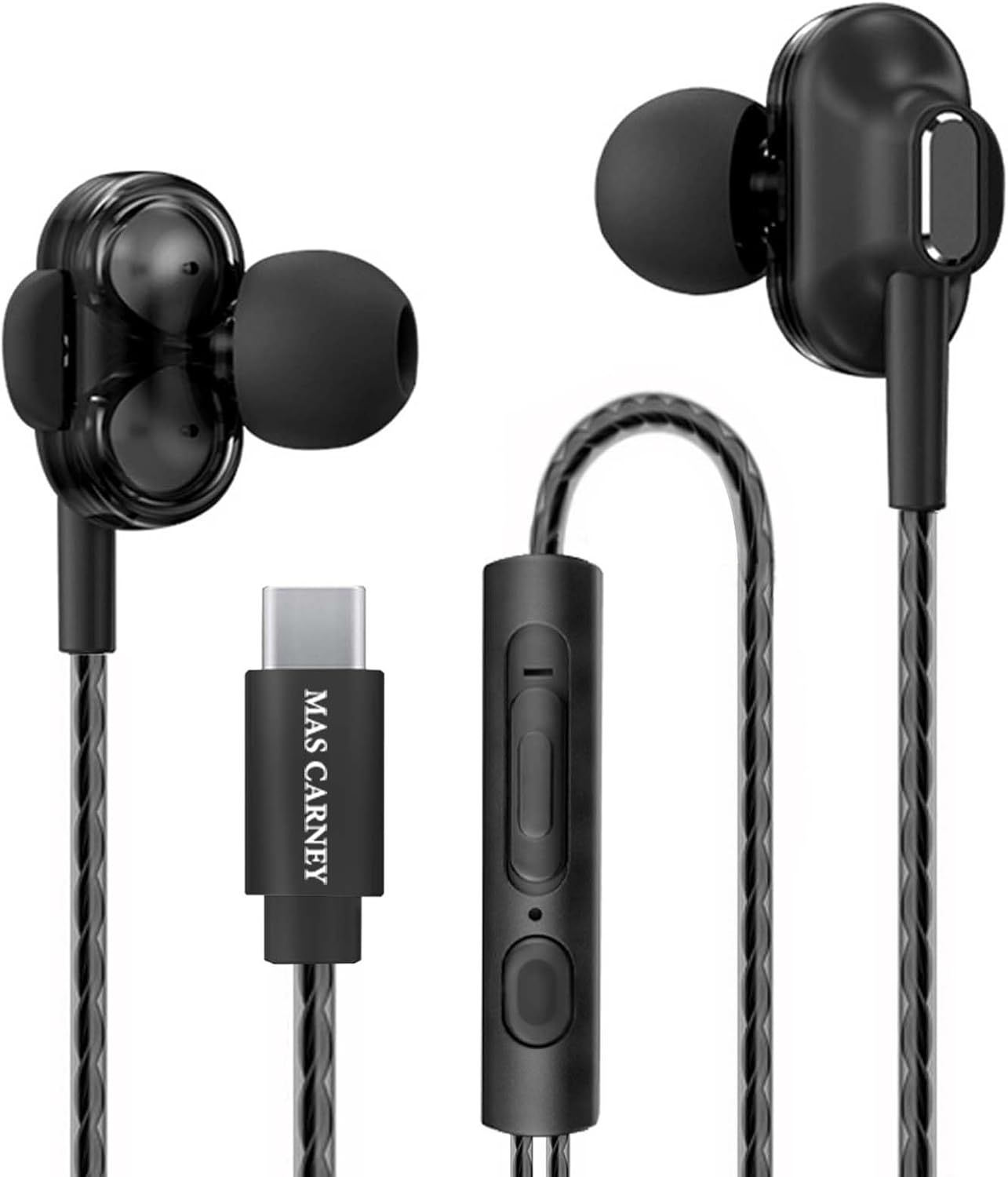 KALANKA USB-C Earbuds TI9, Dual Speakers, Integrated Digital Chip, Microphone, Remote Control, In-Ear Headphones Compatible with Samsung, Huawei, Pixel, iPad, Black