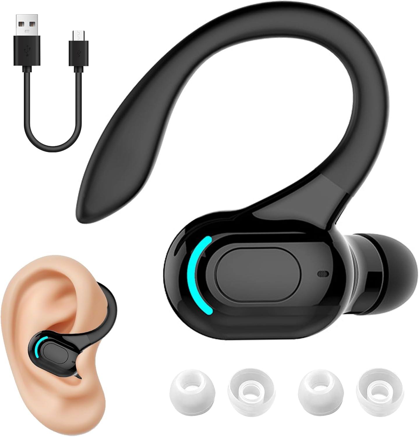 KALANKA Bluetooth Wireless Earbuds V5.2 with Built-in Microphone, 360° Earhook, 20hr Playtime, Noise Canceling Mono Earphone for iPhone, Android, PC, Sports