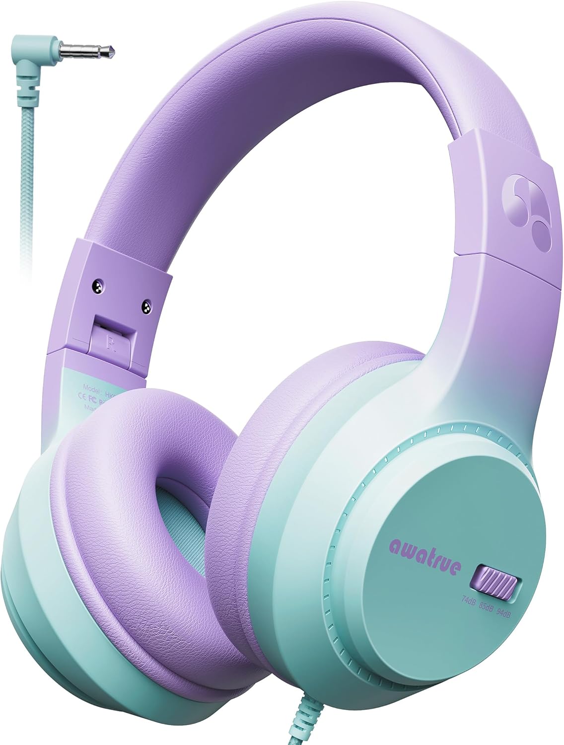Auriculares LORANKA para niños, volumen seguro de 74/85/94 dB, sonido estéreo, plegables, auriculares con cable y conector jack de 3,5 mm para niños para iPad/viajes/tableta/teléfono (violeta verde)