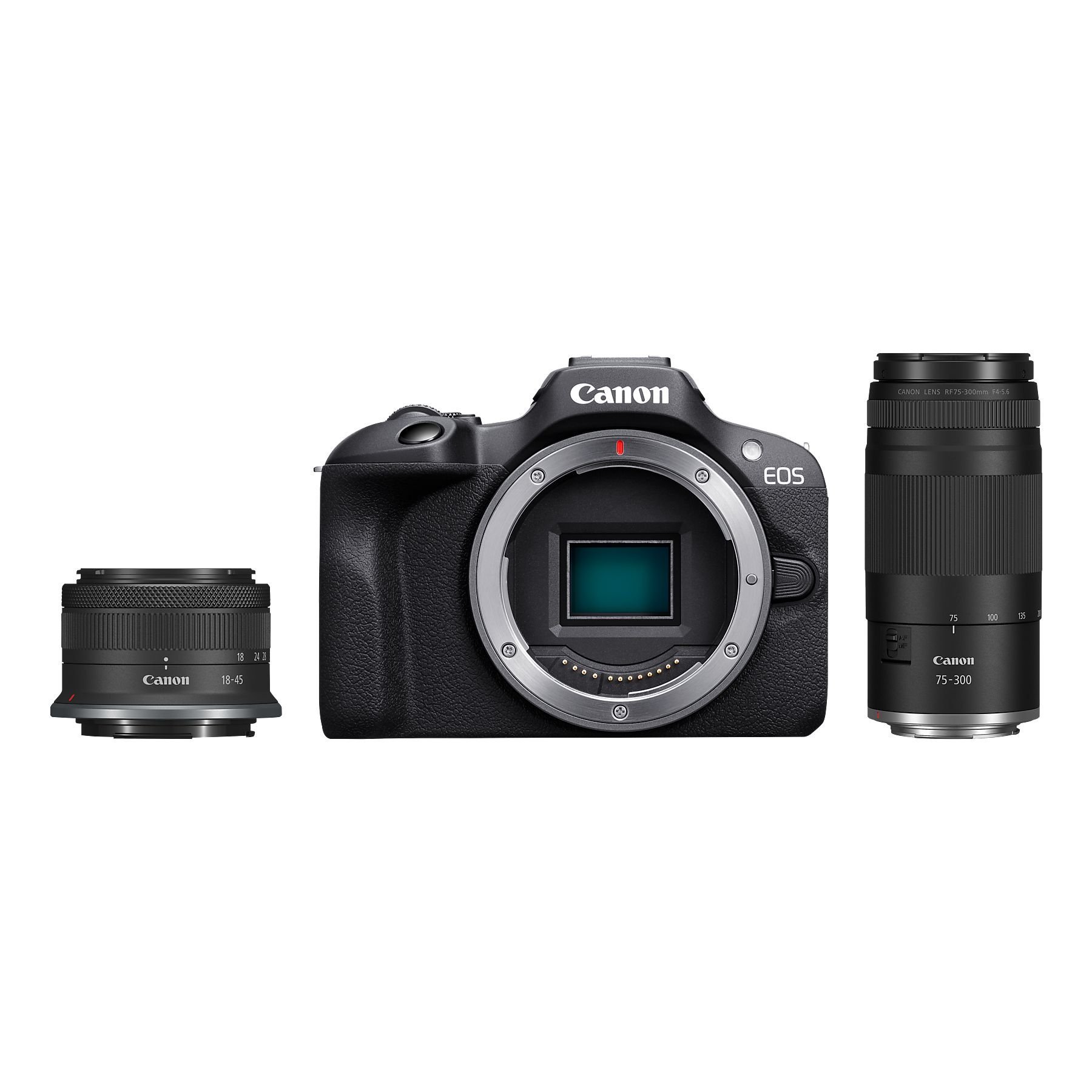 Canon EOS R100 nu + objectif RF-S 18-45 mm f/4,5-6,3 IS STM + objectif RF 75-300 mm f/4-5,6