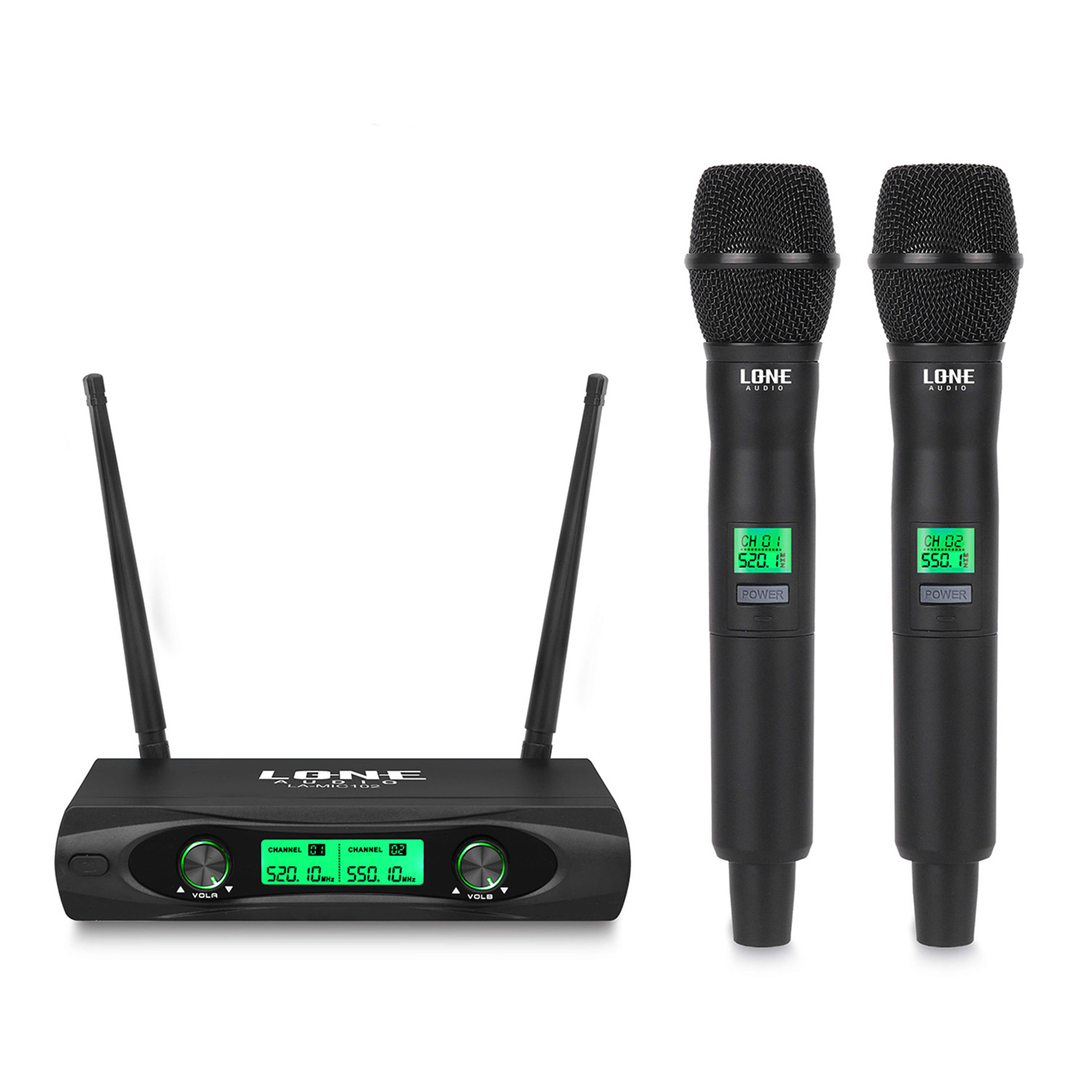 Lone Audio LA-MIC102 Dual Channel UHF Wireless Microphone Kit with 2 Handheld Micros - 500MHz -700MHz