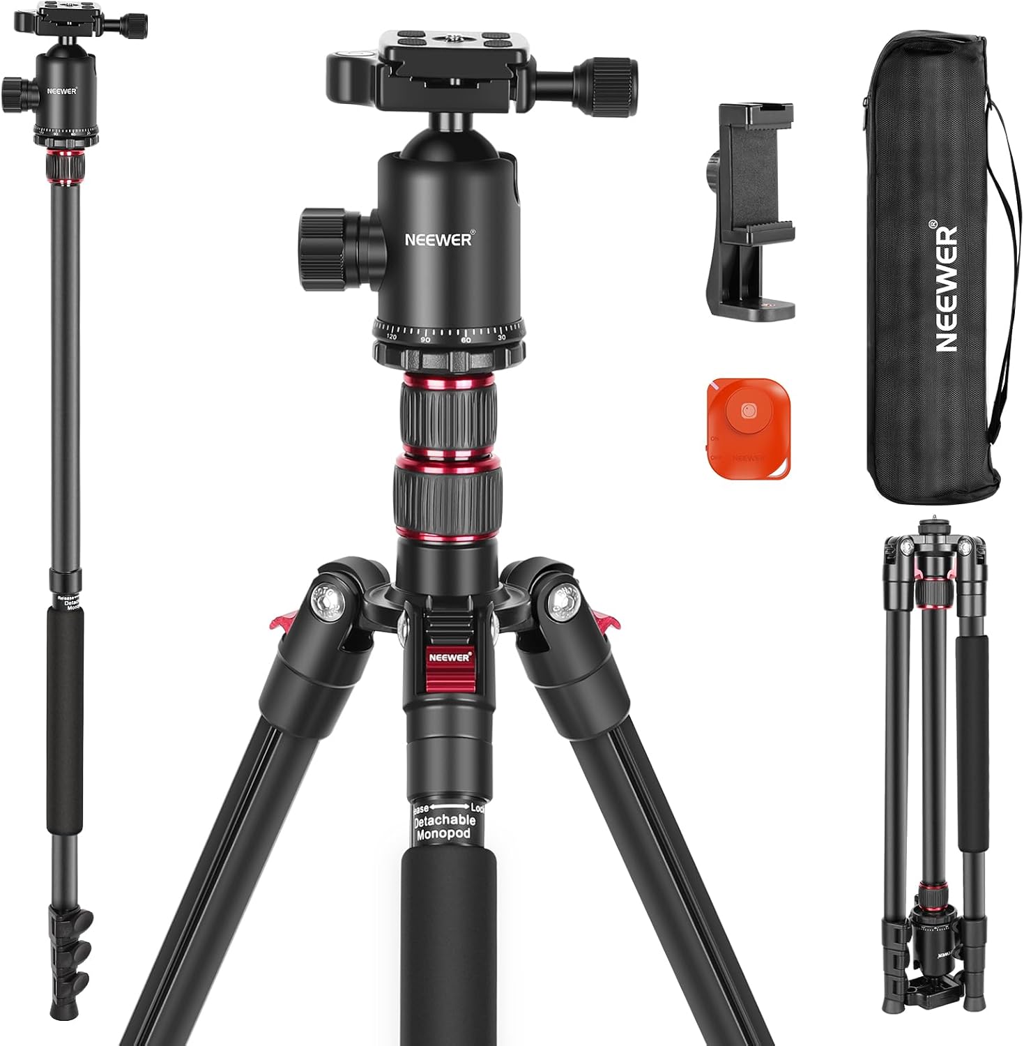 Trépied monopode Neewer 197 cm pour appareil photo avec support smartphone, tête rotative à 360°, plaque de libération rapide, type Arca & Sac, trépied portable en aluminium, charge maximale 15,4 kg (TP77)