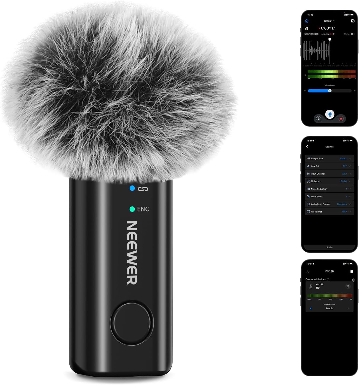 Micrófono inalámbrico Neewer KM23B con control de aplicación para iPhone y Android - Cancelación de ruido, batería de 8 horas, pinza magnética, tamaño mini para grabación de video, transmisión y vlogging