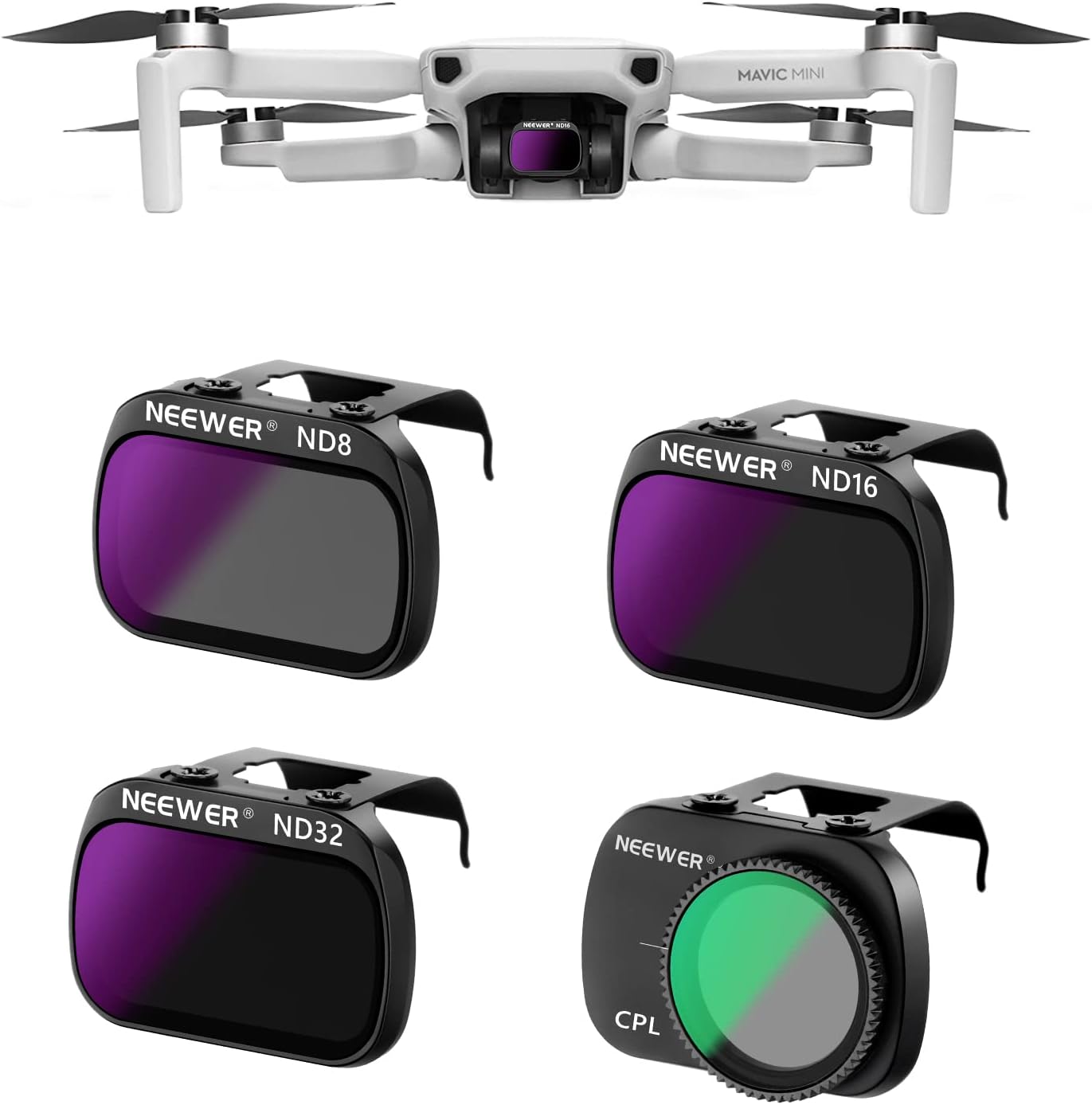 Kit de 4 filtros ND de múltiples capas de Neewer HD ND8 + ND16 + ND32 + CPL compatibles con DJI Mavic Mini/Mini 2/Mini SE/Mini 2SE