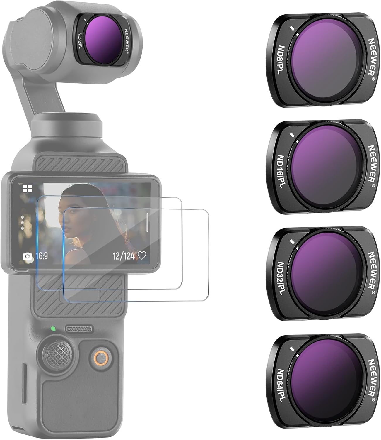 Neewer Magnetic Filter Kit for DJI Osmo Pocket (3 Pack, ND8/PL, ND16/PL, ND32/PL, ND64/PL with 2 LCD Screen Protectors)