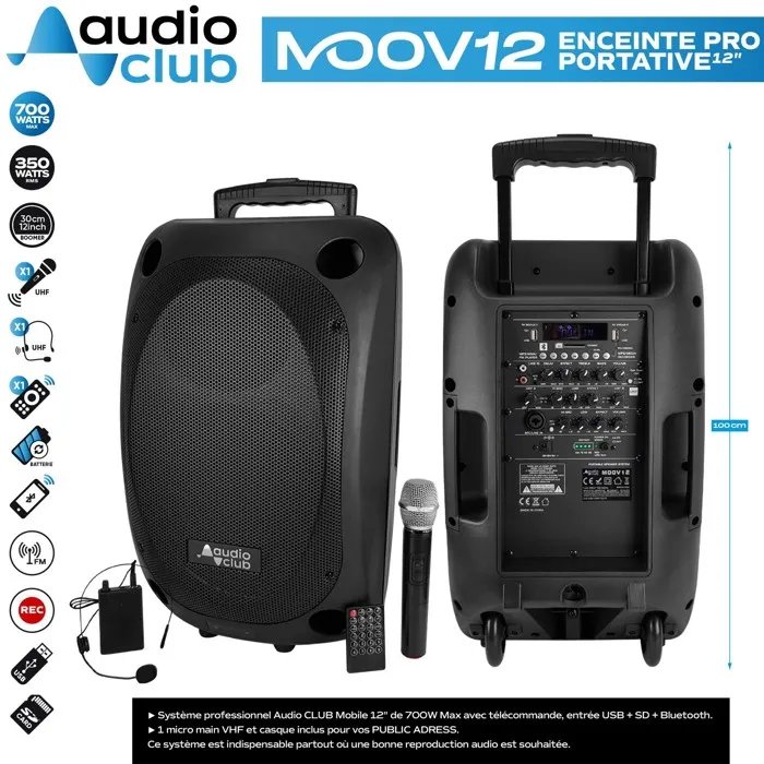 Enceinte portable Bluetooth Audio Club STÉRÉO 700W TWS - USB, BT, FM, carte SD, 2 micros UHF