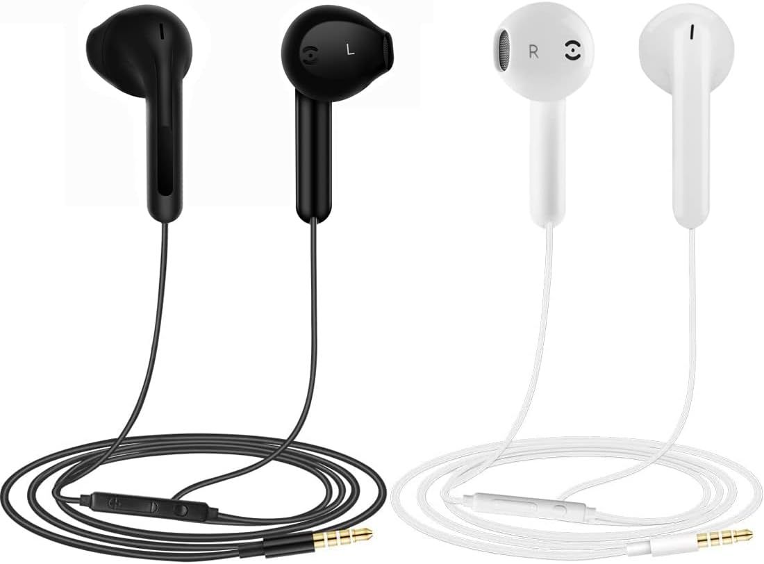 LORANKA Paquete de 2 Auriculares, Auriculares In-Ear con Cancelación de Ruido y Micrófono, Compatibles con Tabletas, Laptops, Samsung, Huawei, Reproductoras MP3 (Negro + Blanco)