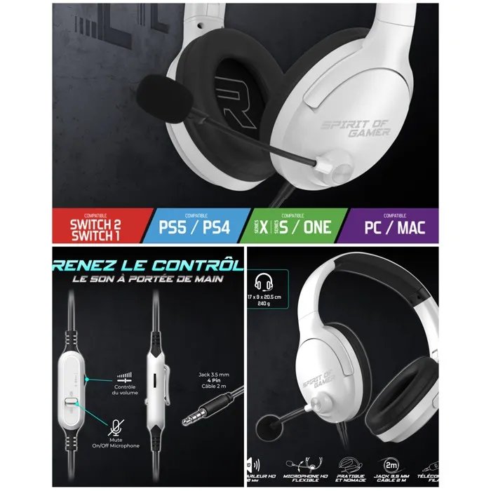 Spirit of Gamer PRO Gaming Stereo Headset 2.0 - Multimedia - Rotating 50mm Speakers - Retractable Microphone - Comfortable - White