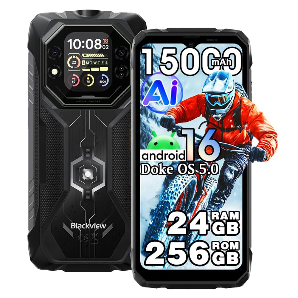 Blackview Rock 1 Rugged Phone, 24GB+256GB, Android 16 Unlocked Smartphone, 15000mAh, 20MP+16MP Cameras, 6.56" Dual Screen, IP68 Waterproof & Dustproof, 4G, NFC, OTG