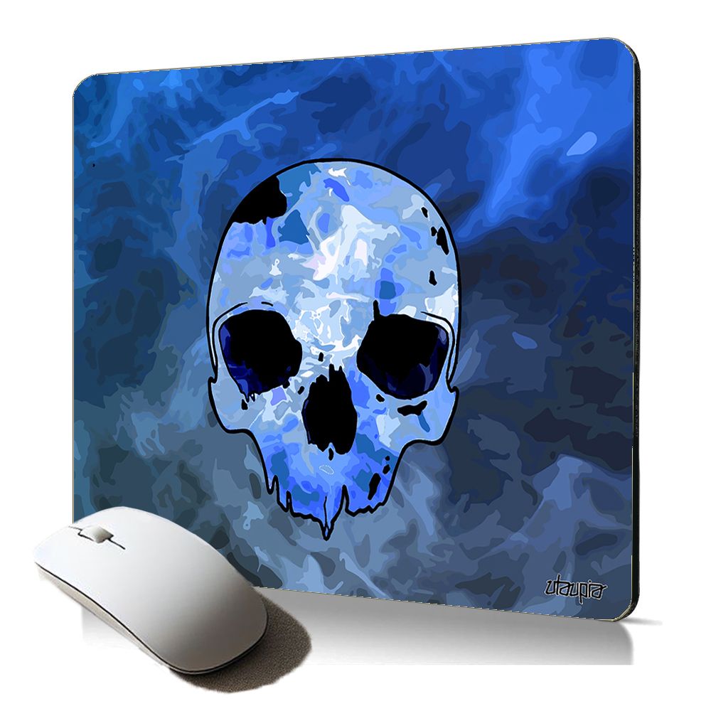 Tapis de souris souple Utaupia - Tête de mort et os, bleu électrique graffiti, style gothique fumé