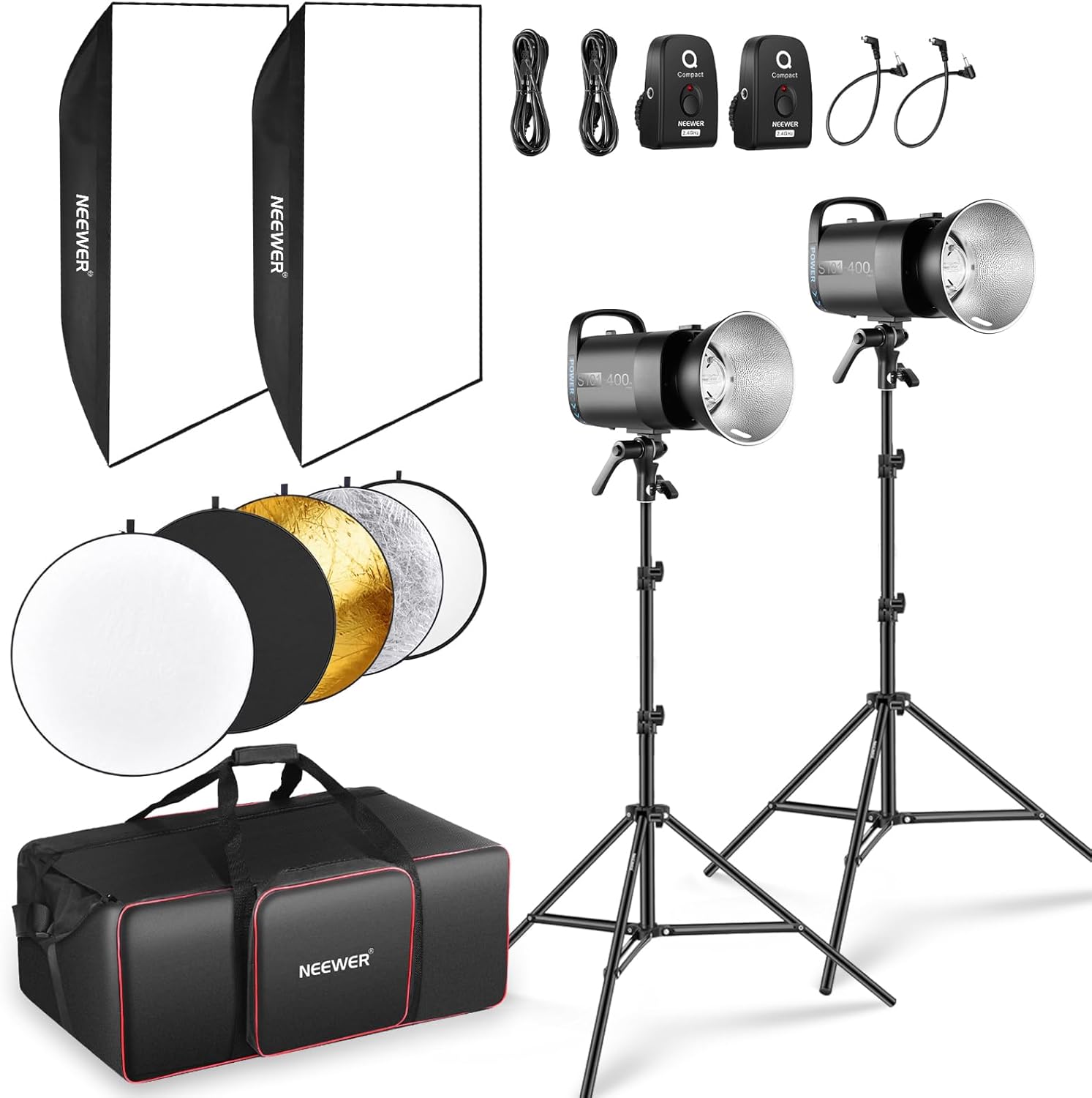 NEEWER 800W Monolight Flash Kit: 2 x 400W PRO Strobos Light S101 with Trigger 2.4G, Modeling Lamp 150W, Bowens Mount, Softbox, Stand, Reflector & Bag (Compatible with QPRO)