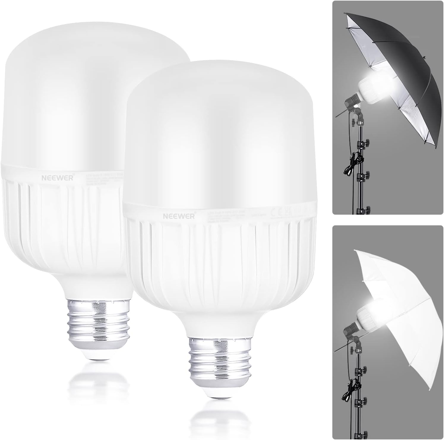 Neewer 2-Pack LED Bulbs E27, 35W, 3450 Lumens, 5700K, High CRI 93+, 15,000 Hours, Non-Flashing, Non-Dimmable, Equivalent to 350W Incandescent