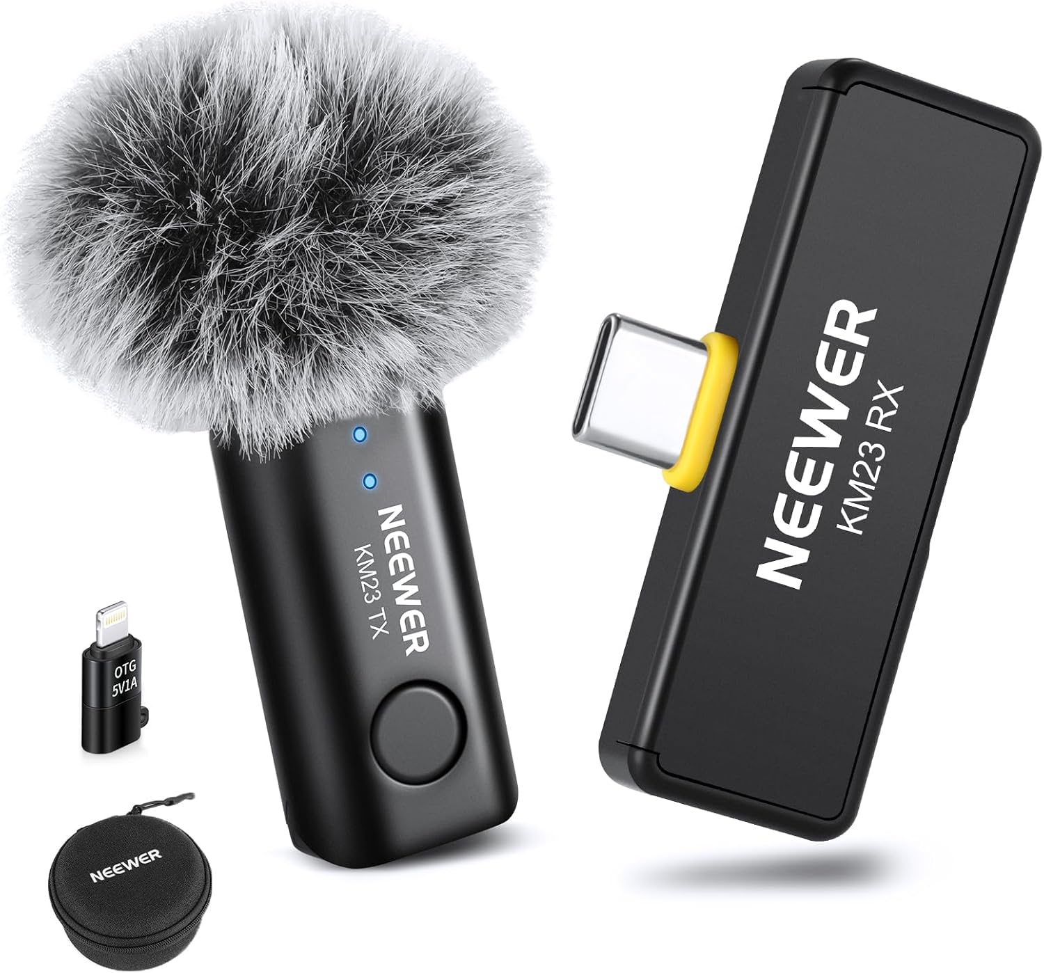 Sistema de micrófono de corbata inalámbrico Neewer para USB-C, micrófono de corbata mini omnidireccional con cancelación de ruido por clic para vlogging compatible con iPhone 15, Samsung Android KM23