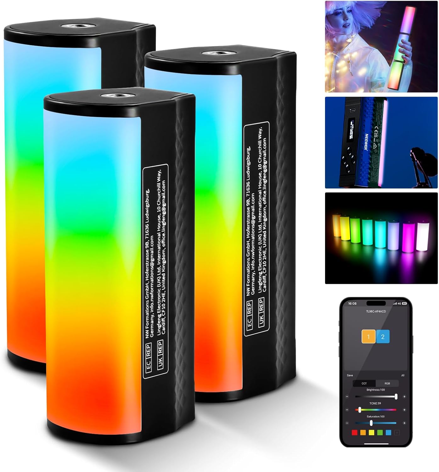 Neewer Magnetic LED Sticks 3-Pack Pro, App/DMX Control, Customizable Effects, Lighting Group, RGB 360°, 3200mAh, 2500-10000K, IRC97, 17 Scenes, for Video and Photography