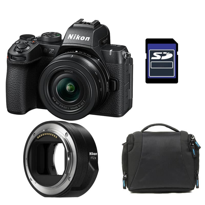 Nikon Z50 II + Lente NIKKOR Z 16-50 DX f/3.5-6.3 + Adaptador FTZ II + Maleta + Tarjeta SD de 16 GB