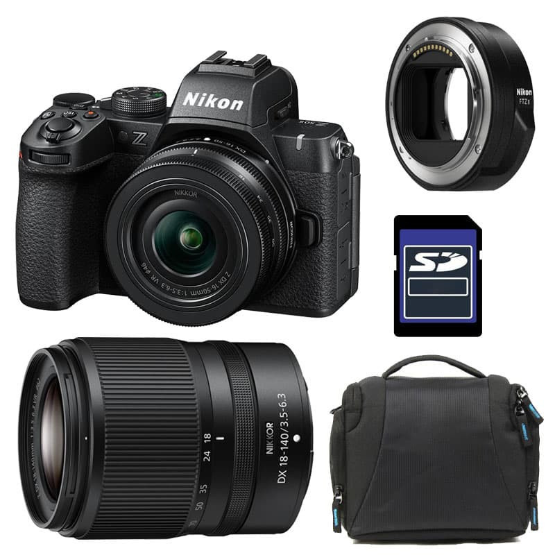Cámara sin espejo Nikon Z50 II + Lentes NIKKOR Z (16-50mm y 50-250mm) + Adaptador FTZ II + Estuche + Tarjeta SD de 16GB