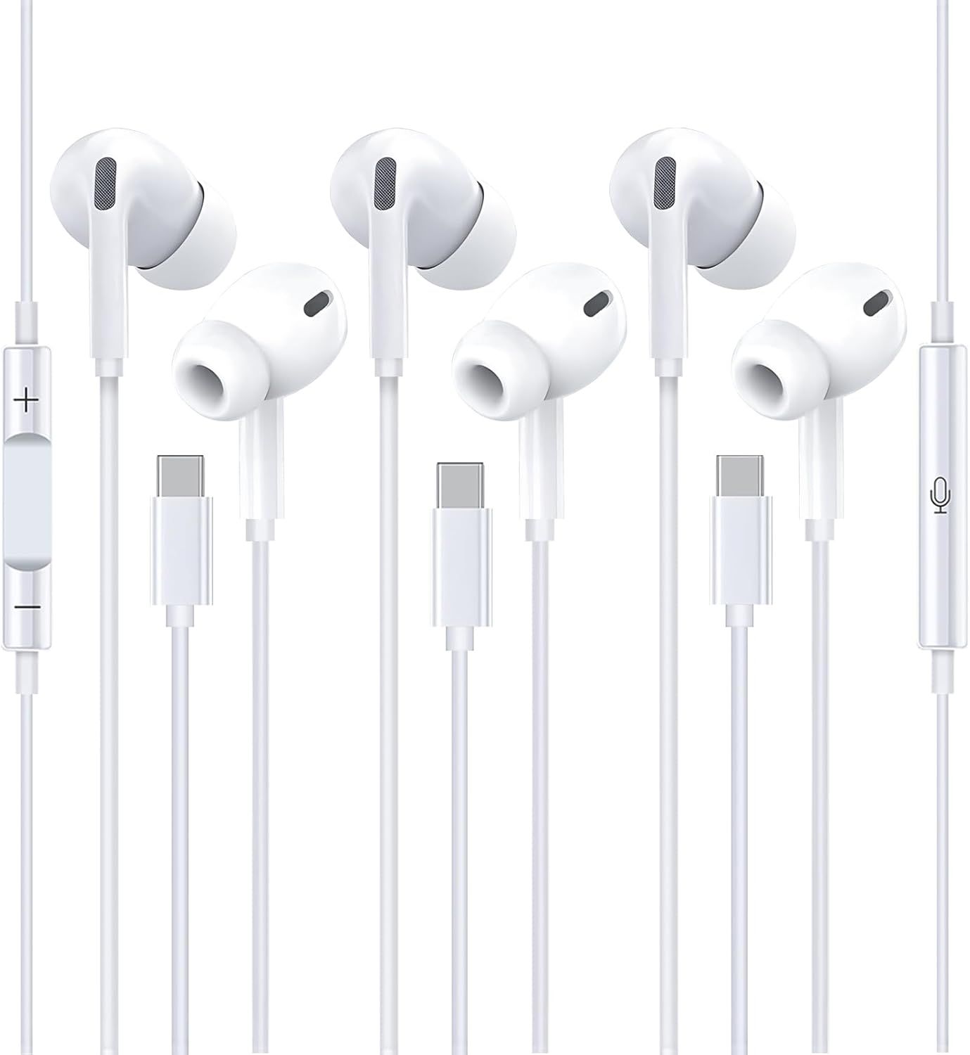 3 Pack USB-C Wired In-Ear Headphones with Microphone and Volume Control, Cable for iPhone 15/16/17, Samsung, Google Pixel, Huawei
