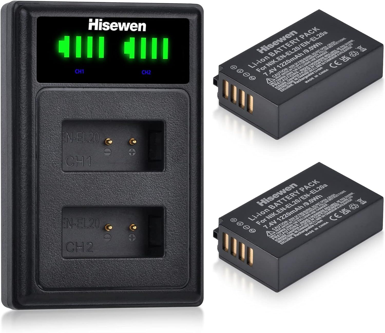 EN-EL20/EN-EL20a Battery and Charger, 2 Pack 1220mAh for Nikon Coolpix P Series and More