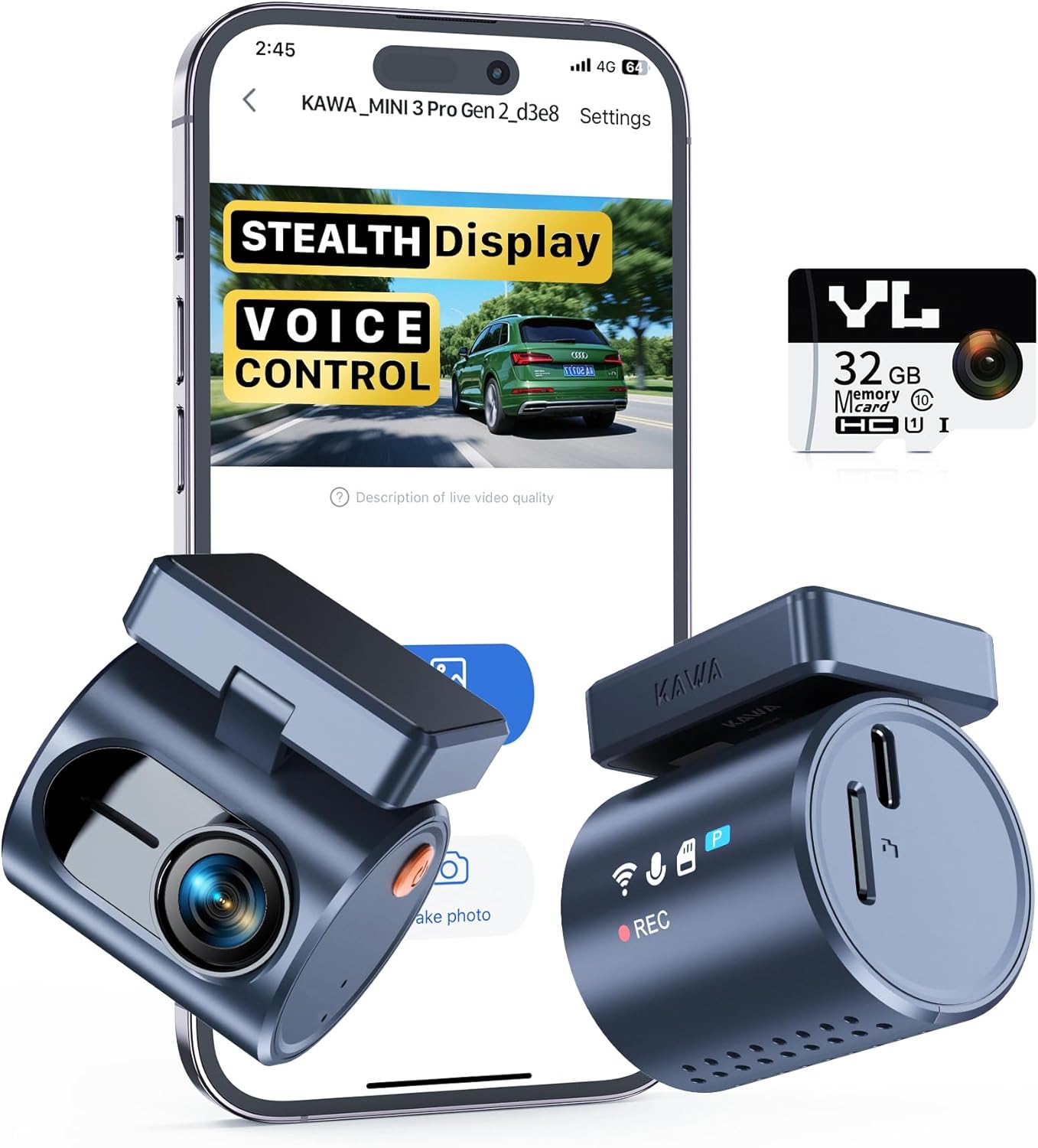 Compact Dashcam - Transparent Screen with Voice Control, Super Capacitor, 2K1296P Dashcam Car, Night Vision, 135° FOV, G-Sensor, 32GB SD Card Included, App Control