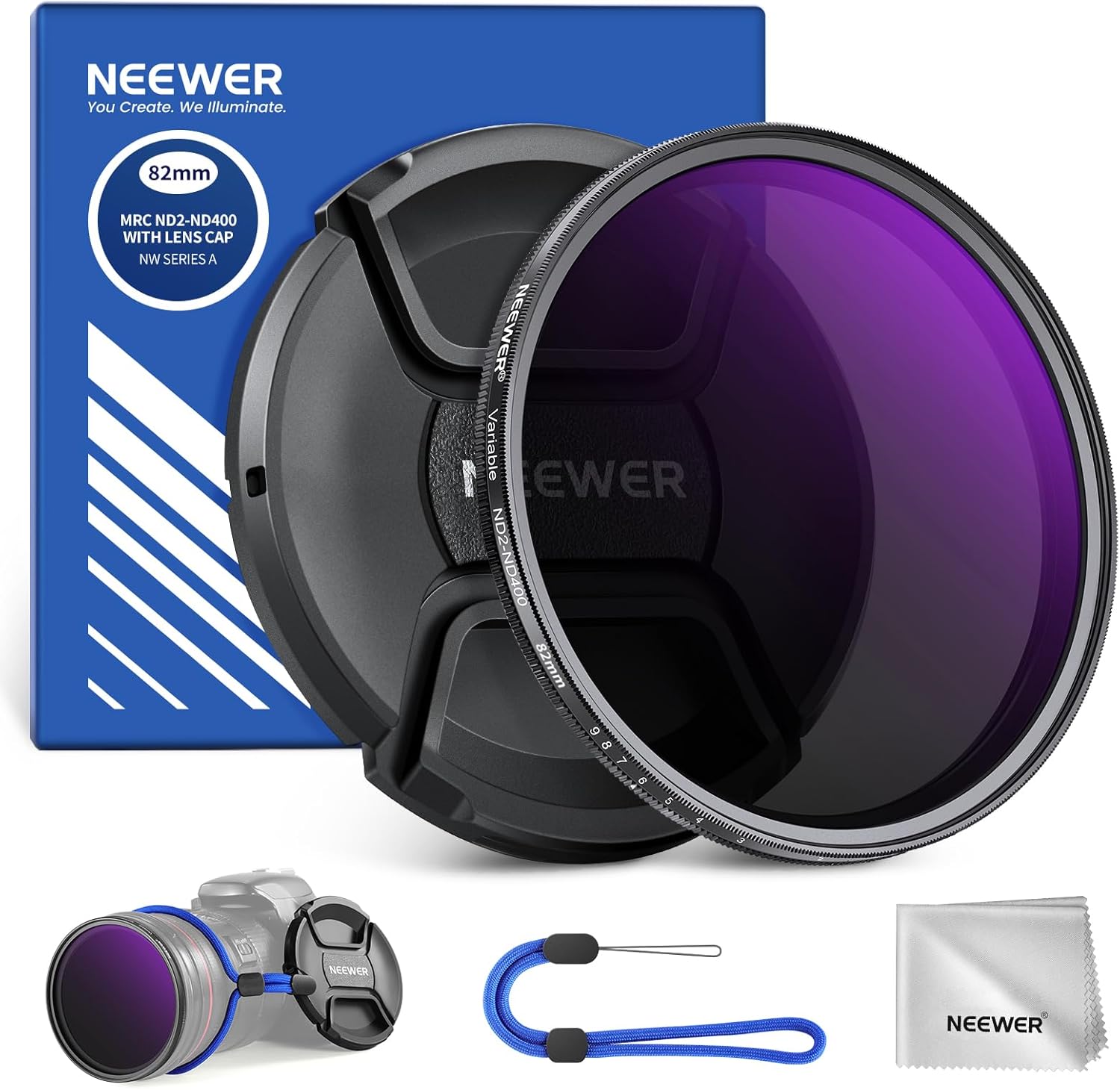 Filtro ND variable de Neewer de 82 mm (ND2-400 con 9 paradas) con tapa para objetivo, cuerda, paño, ajuste preciso de densidad neutra, vidrio óptico multicapa resistente a huellas dactilares y rayas