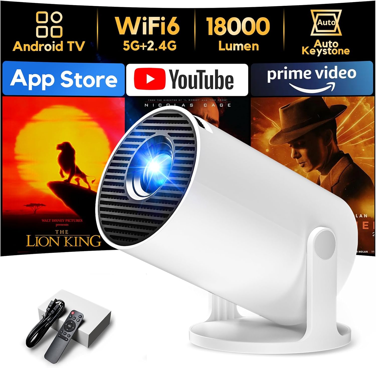Projecteur portable mini AKIYO O2 2026 intégré avec applications, projecteur vidéo 4K/1080P avec correction automatique de la clé et rotation à 180°
