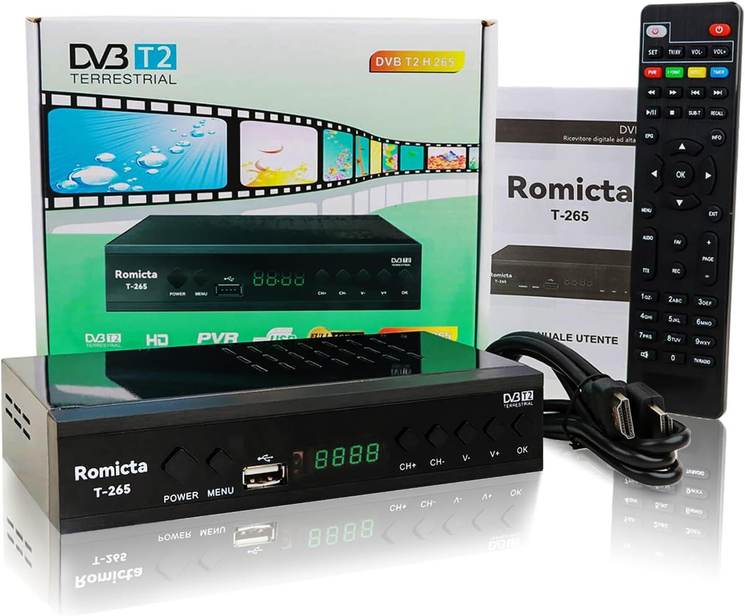 Decodificador ROMICTA TNT HD 2025 - DVB-T2/C H.265 HEVC FTA Full HD PVR, USB, HDMI, SCART