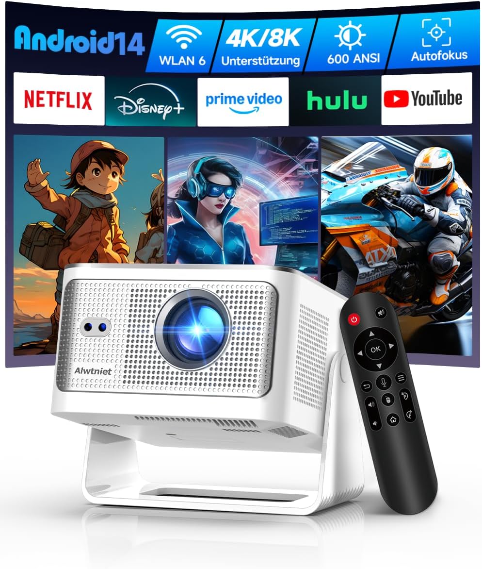 Projecteur miniature Alwtniet 4K/8K avec Wi-Fi 6, Bluetooth 5.4 et applications intégrées
