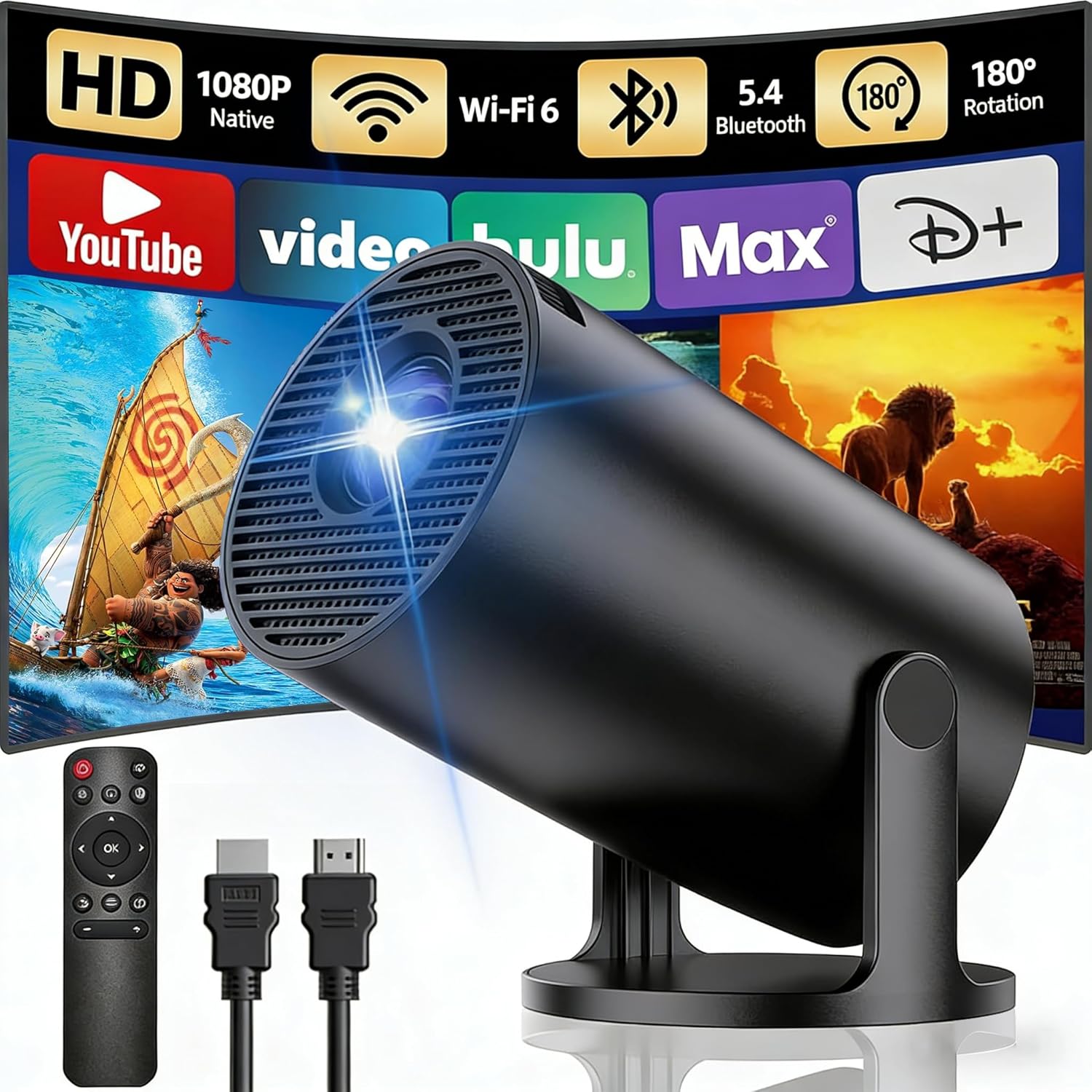 Projecteur portable Yoton Y4PRO avec intégration d'applications, WiFi 6 BT 5.4, correction automatique de la clé, partage d'écran mobile Android et iOS, compatible HDMI/TV Stick, résolution native 720p