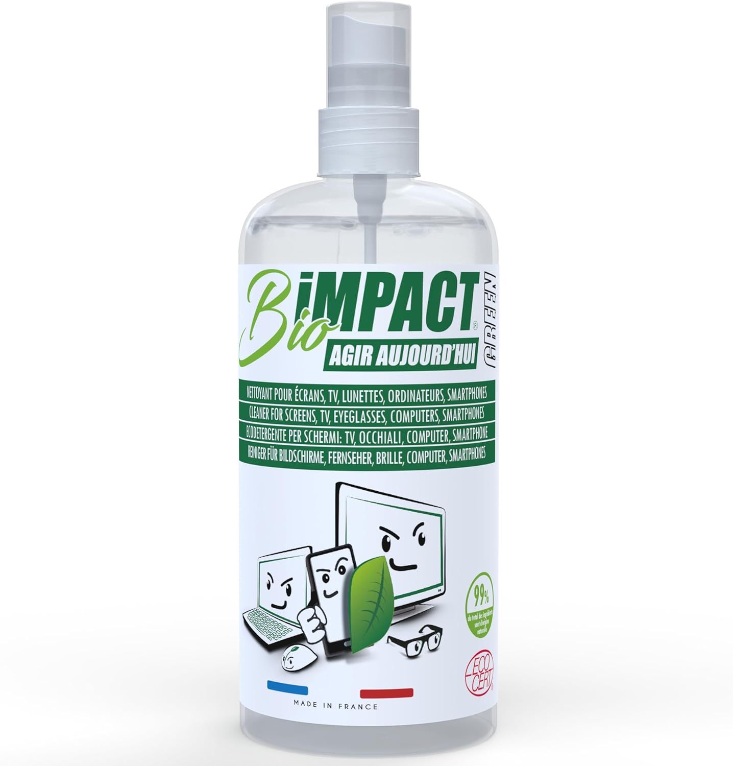 Bioimpact Green Screen Cleaner - 500ml Spray for TV, PC, Smartphone and More - Certified Organic by Ecocert