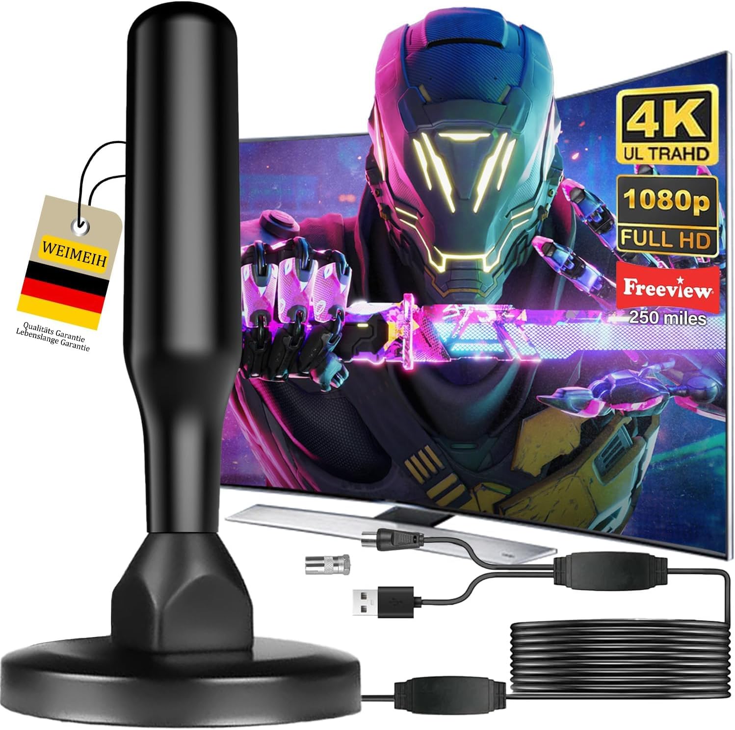 WEIMEIH Powerful Indoor TV Antenna (2026) - 500km Long Range, 360° Reception, Compatible with 4K (Black)