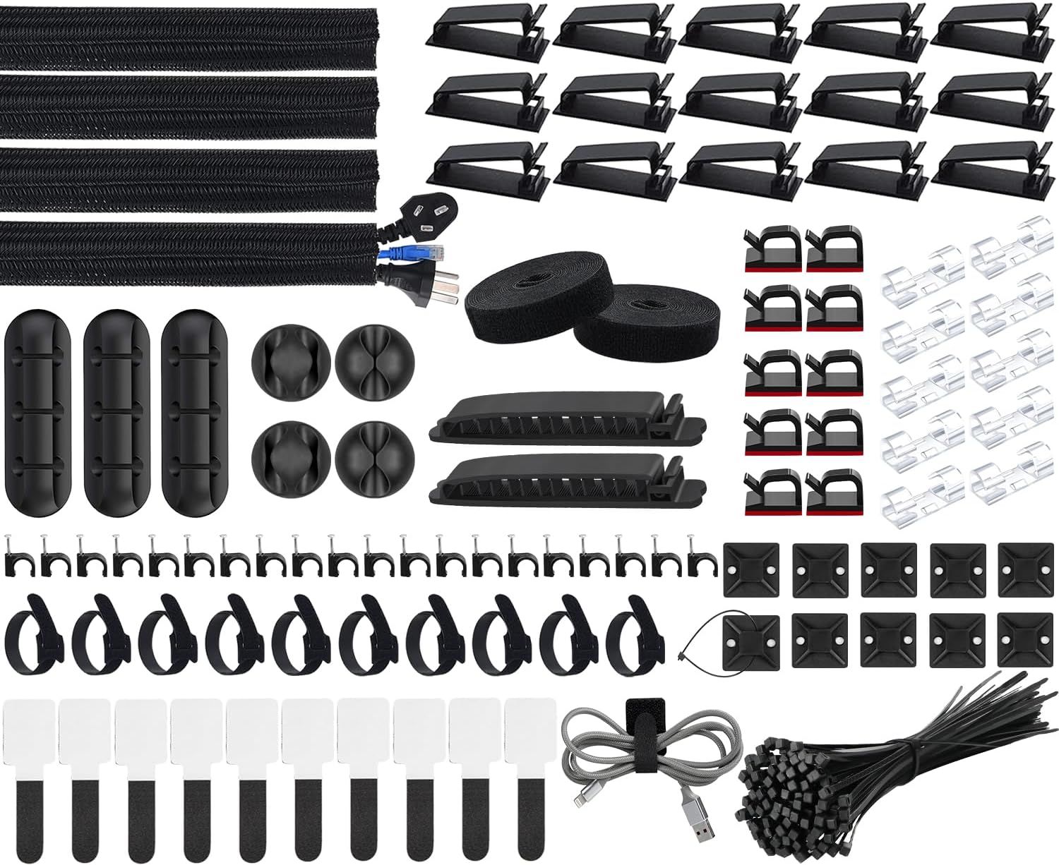 Soulwit Cable Management Kit, 4 Cable Sleeves, 3 Silicone Clips, 10+2 Cable Tie Organizer, 15 Adhesive Cable Clips, 100 Cable Ties