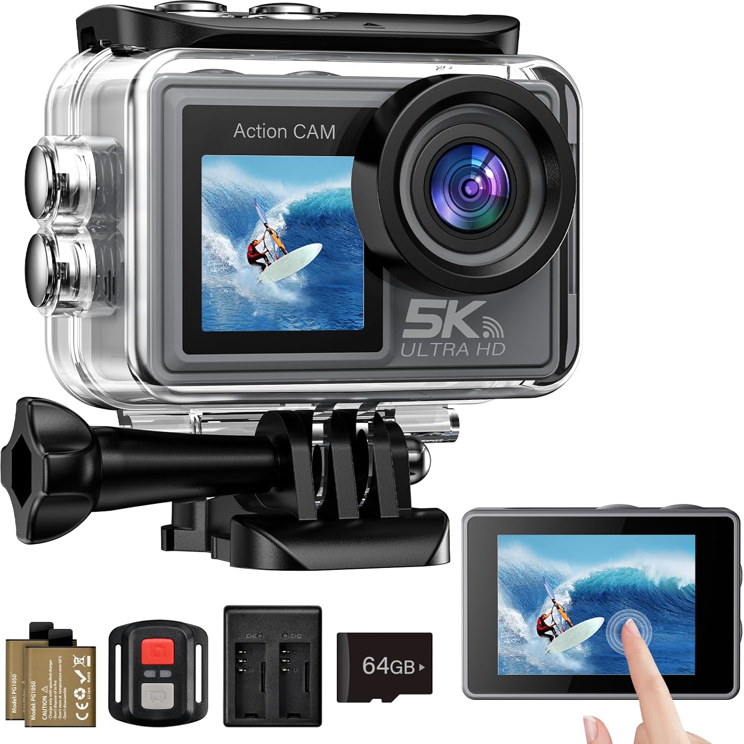 Caméra d'action Ruycllo 5K/4K, 50 MP avec carte 64 Go, étanche à 30 m, stabilisation EIS, grand angle de 170°, WiFi, casque de moto, appareil photo de plongée, vlog