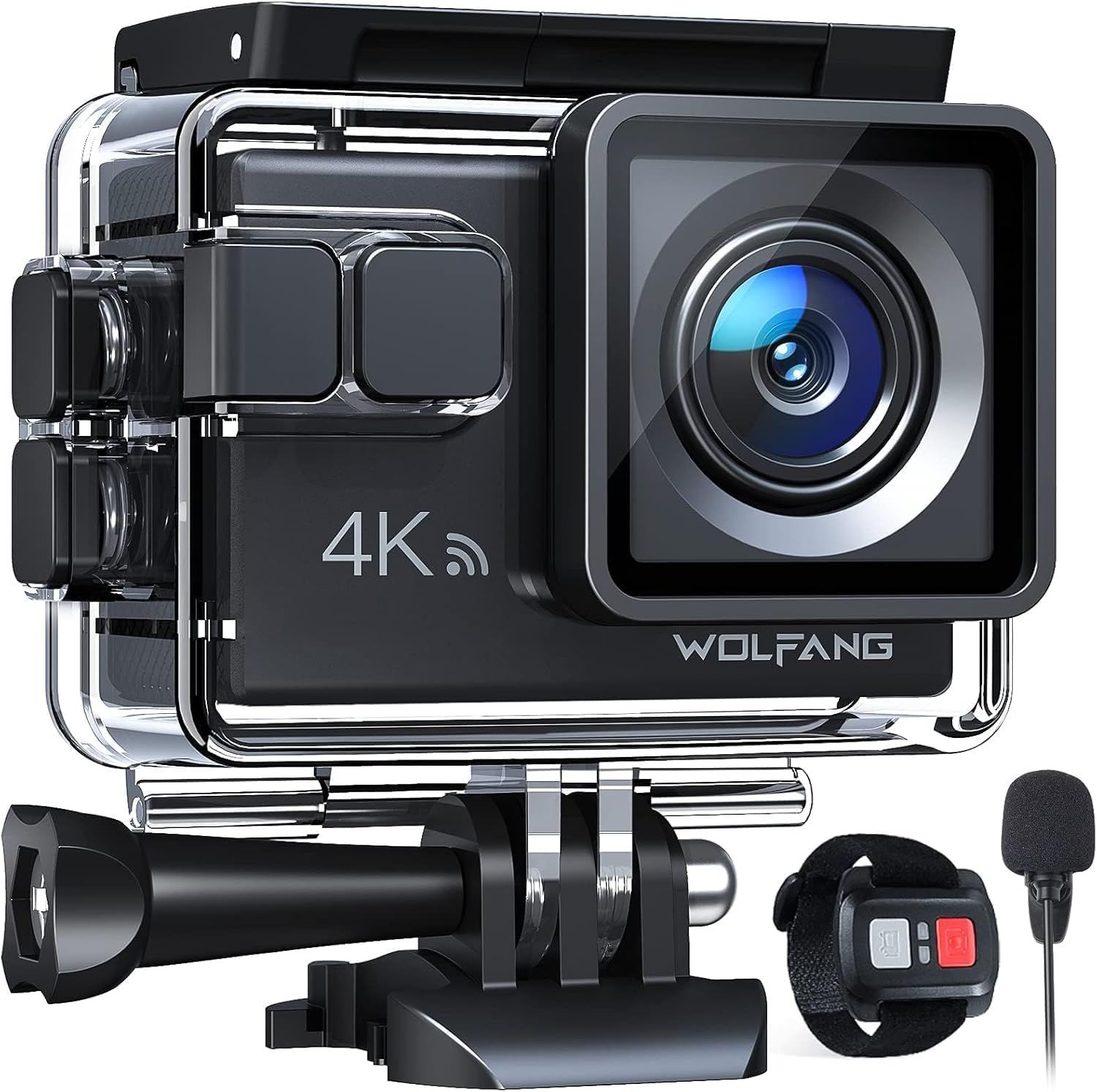 Cámara Deportiva Wolfang GA100 4K 30FPS, Cámara Grabadora WiFi de 20MP, Resistente al Agua hasta 40m con Micrófono Dual, Control Remoto, Estabilización EIS, Batería 2x 1050mAh, Accesorios