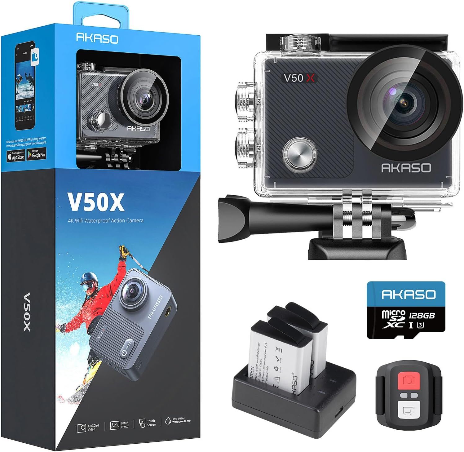 Akaso V50X Sports Camera with microSDXC U3 128GB, 4K 30FPS Action Camera with Stabilizer, Touchscreen, Adjustable Angle, Accessory Kit