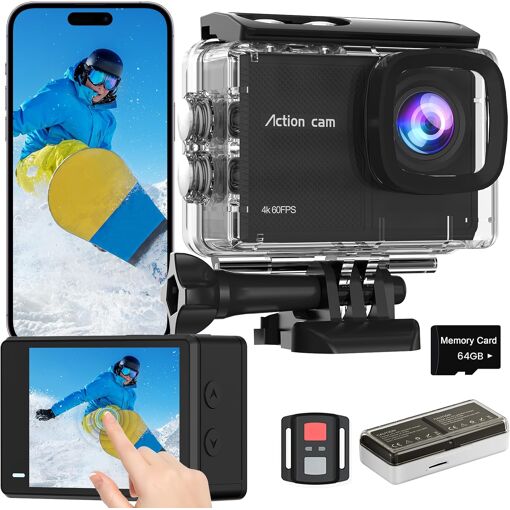 Cámara de acción TIMNUT 4K60FPS con pantalla táctil, resistente al agua hasta 40m, Wi-Fi 48MP, zoom 8X, 2 baterías de 1350mAh, control remoto