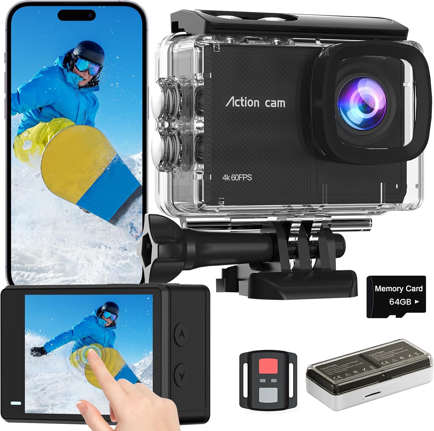 TIMNUT Action Camera 4K60FPS with Touch Screen, 40M Waterproof, 48MP WiFi, 8X Zoom, 2 Batteries 1350mAh, Remote Control