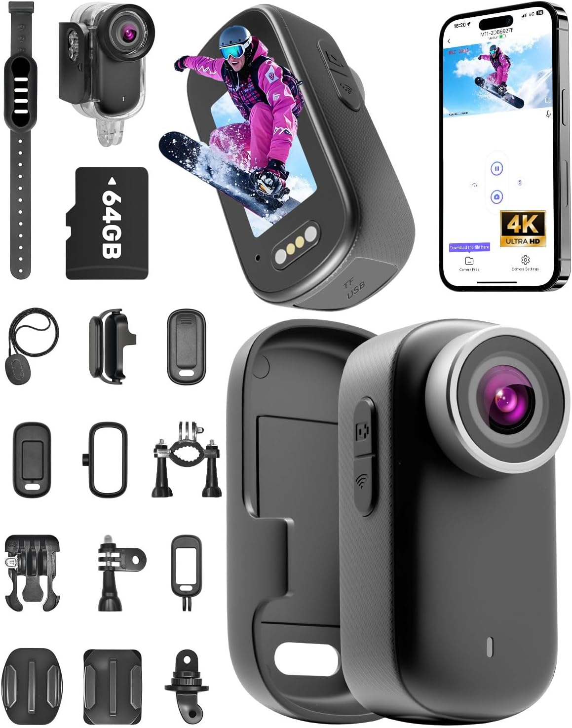 NNYYMH Mini 4K Camera, Sport Action Cam with 64GB SD Card, Waterproof to 30m, 180-Minute Battery Life, 150° Wide Angle Lens and 1.47-inch Screen. Vlog Camera for Cycling, Travel, and Pets