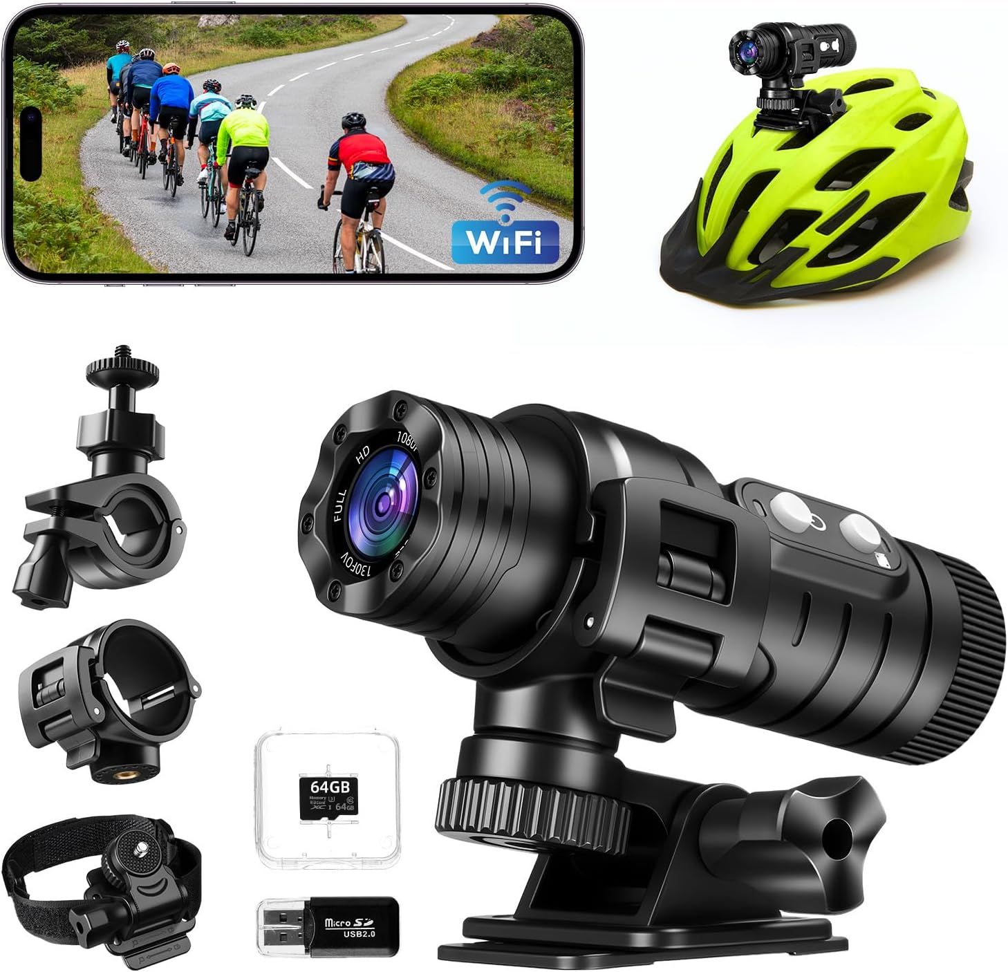 Aiker Camera Moto, Improved WiFi Sports Camera with IP66 Waterproofing, 1080p HD & 120° Wide Angle Lens, Automatic Leveling, Smart Connect for Instant Sharing