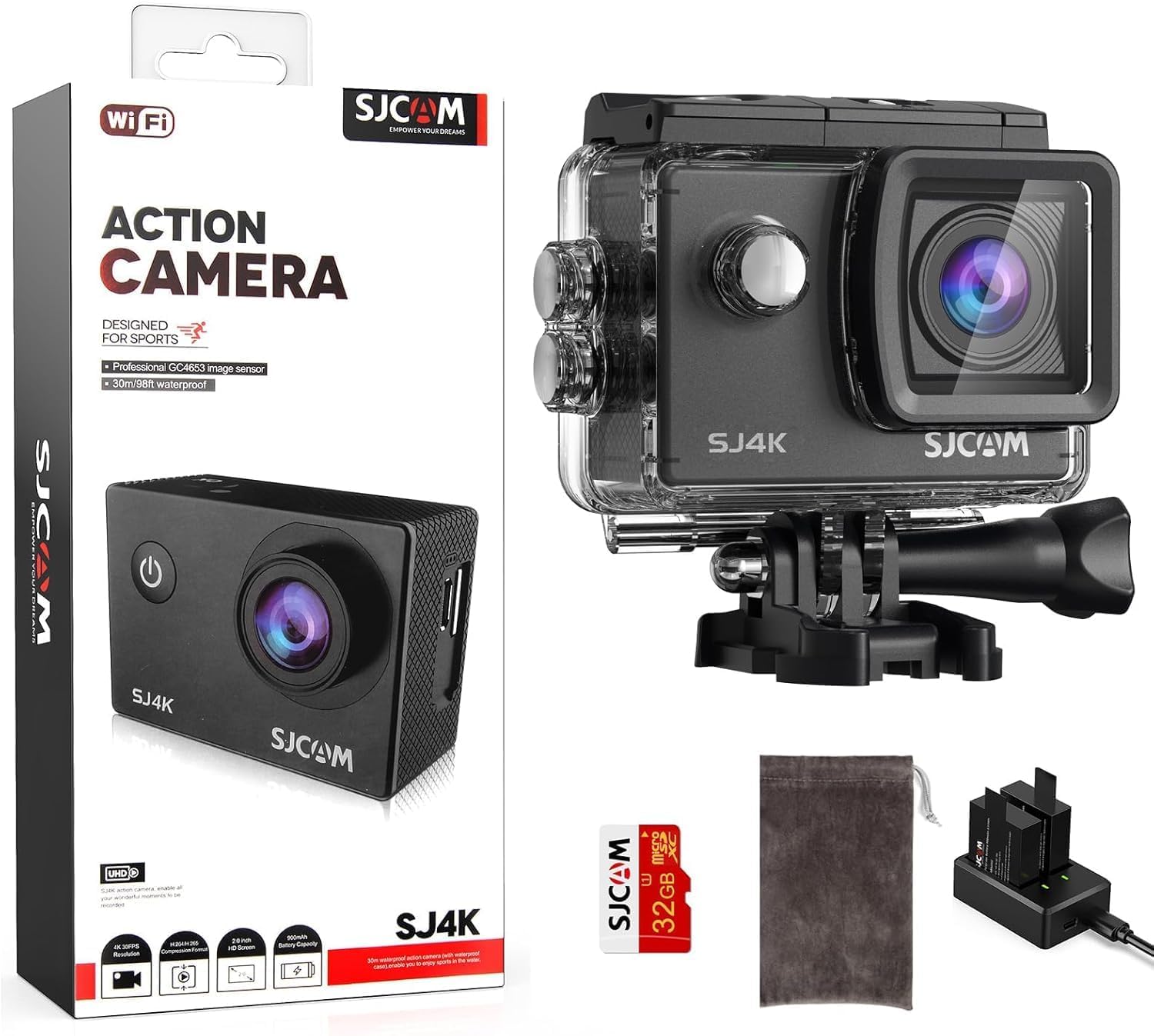 SJCAM SJ4K 4K Sport Camera 40MP with Memory Card 32GB, 98FT Underwater Action Camera Wide Angle, EIS Stabilization with Accessories Kit
