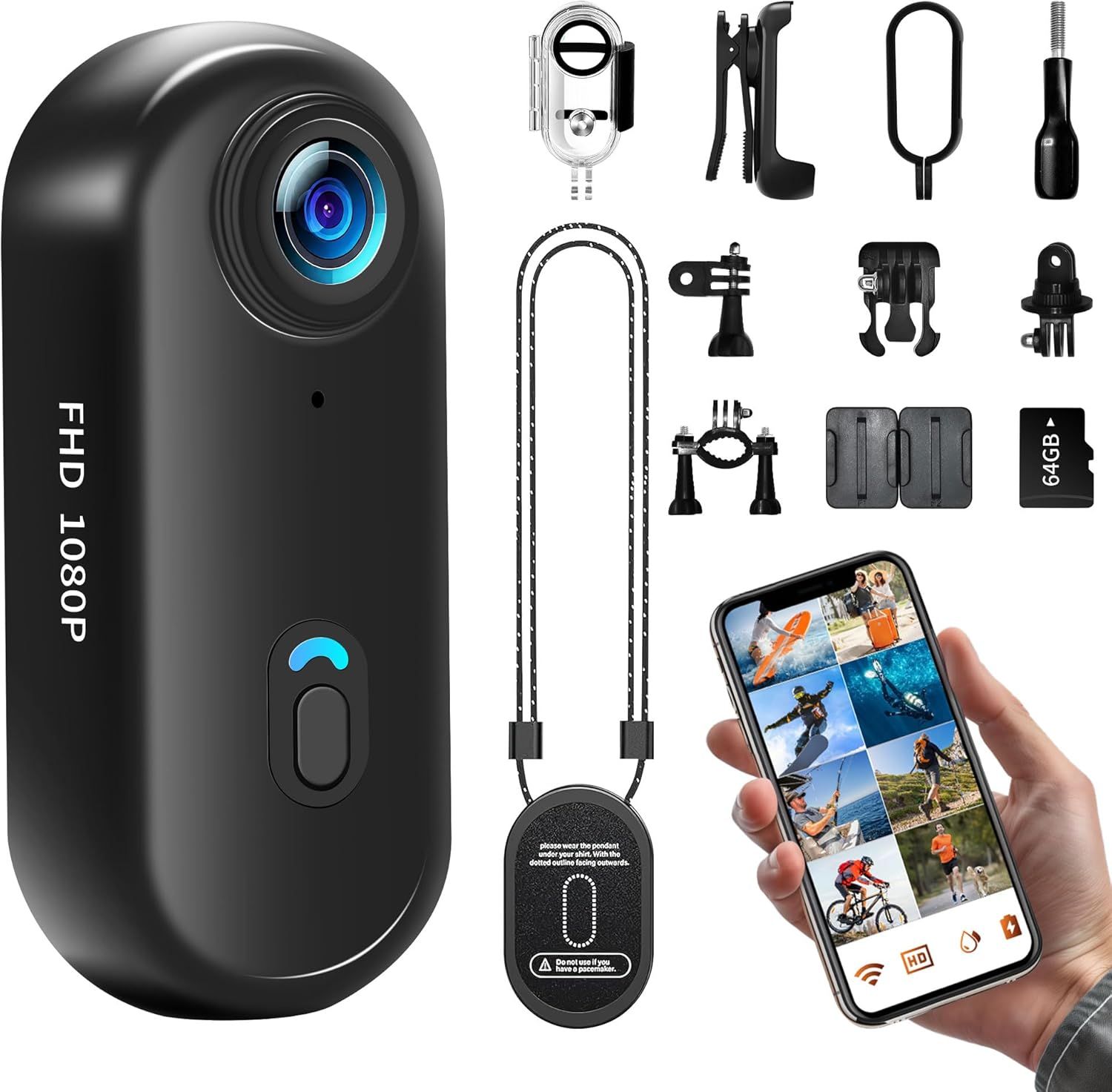 Uykoo Action Camera WiFi, 64GB Mini Sports Camcorder 1080P HD, 120° Wide Angle Waterproof to 30M Underwater Video Camera for Bike, Ski, Diving, Pets
