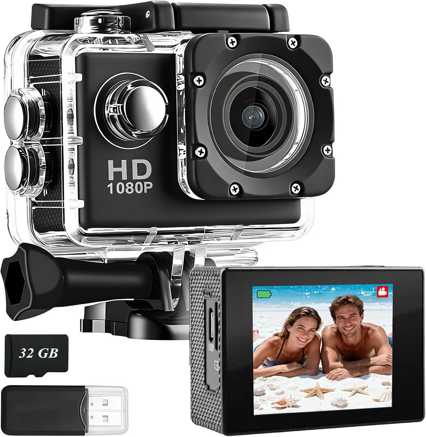 Waterproof Sport Camera 1080P with 32GB Memory Card, Wide Angle Lens, Rechargeable Batteries - 4K Action Cam