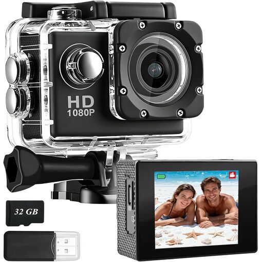 Waterproof Sport Camera 1080P with 32GB Memory Card, Wide Angle Lens, Rechargeable Batteries - 4K Action Cam