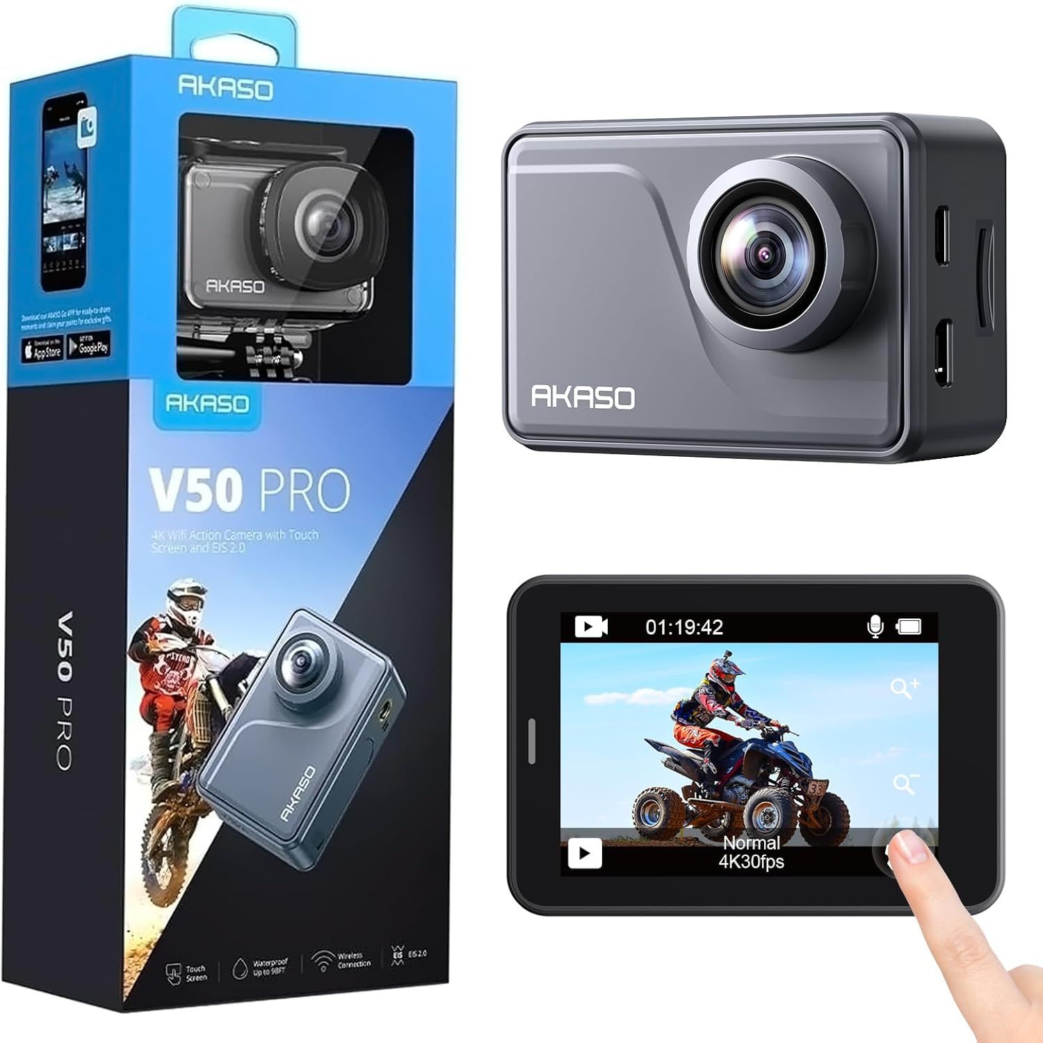 Caméra sportive AKASO V50 Pro 4K - 20 MP, 30 images par seconde, Wi-Fi, étanche, stabilisateur, télécommande à écran tactile, lentille grand angle ajustable avec kit d'accessoires