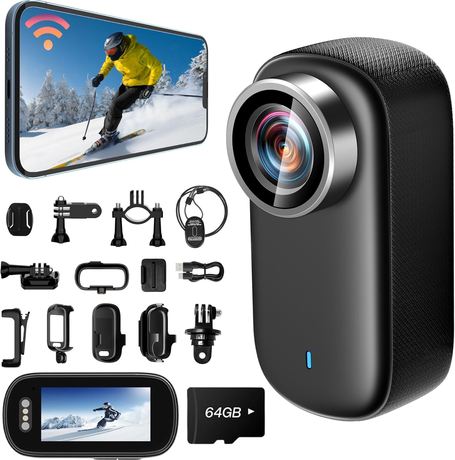 Caméra sportive mini MEVRONISSHOP 4K UHD WiFi avec 64 Go, grand angle de 150 ° et étanchéité IP65 pour caméra moto à 360 degrés, anti-vibration et portable pour vélo, parfaite pour les activités sportives et en plein air