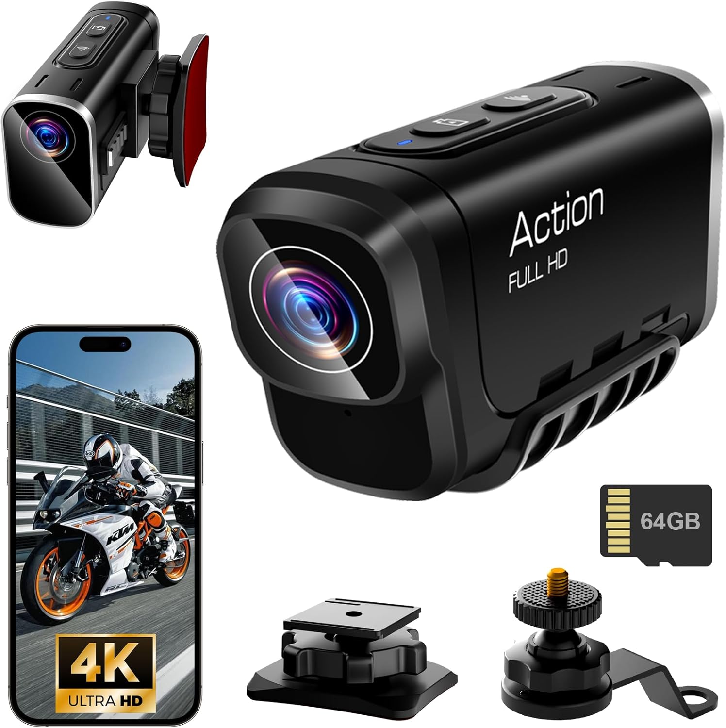 Caméra d'action MEVRONISSHOP 4K WiFi avec stabilisation à double objectif, temps d'enregistrement de 6 heures, carte microSD 64 Go